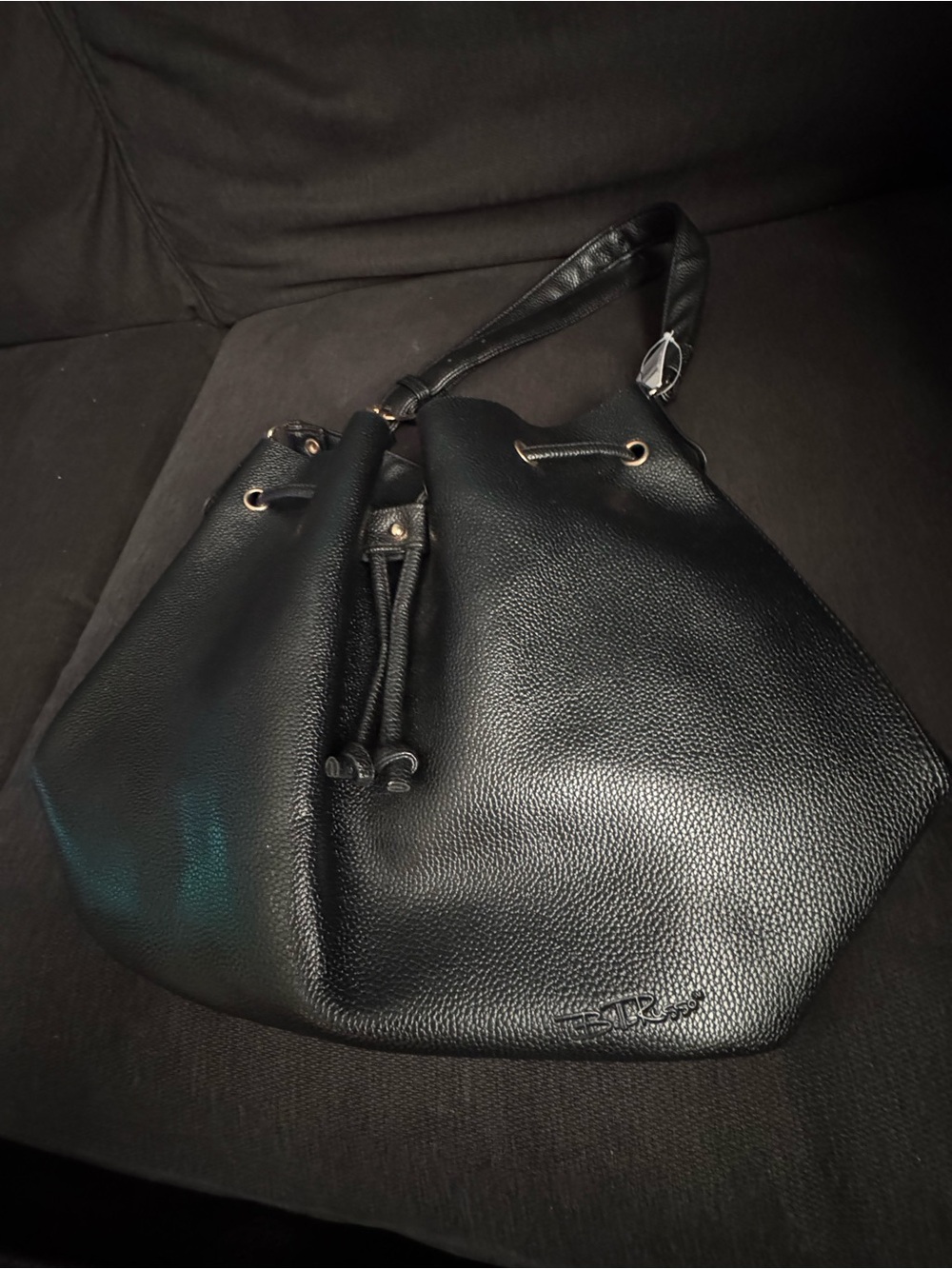 Bella Russo Black Pebbled Bucket Bag, Drawstring/Zip, Detachable Pouch, Gold